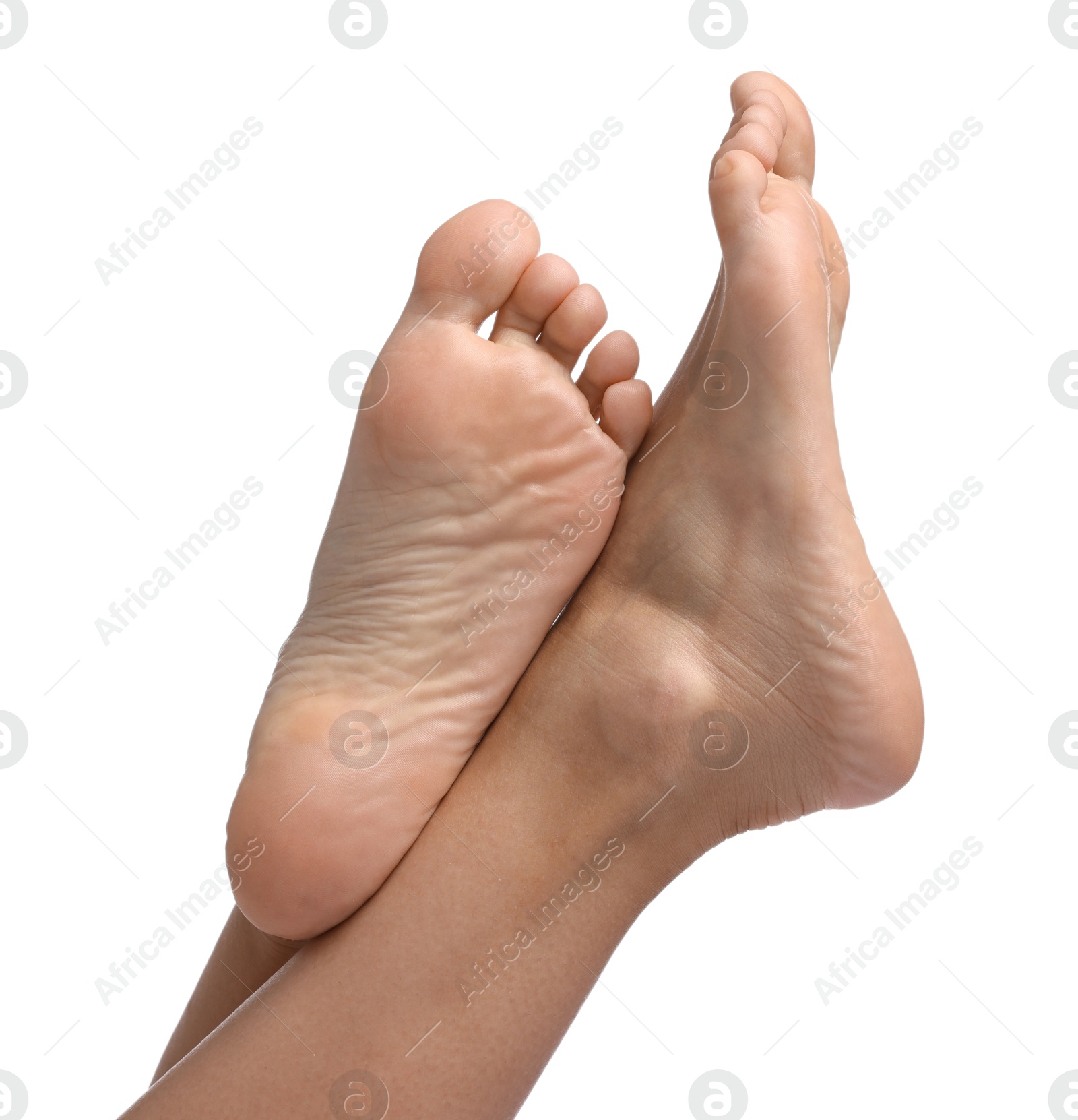 Photo of Woman with smooth feet on white background, closeup