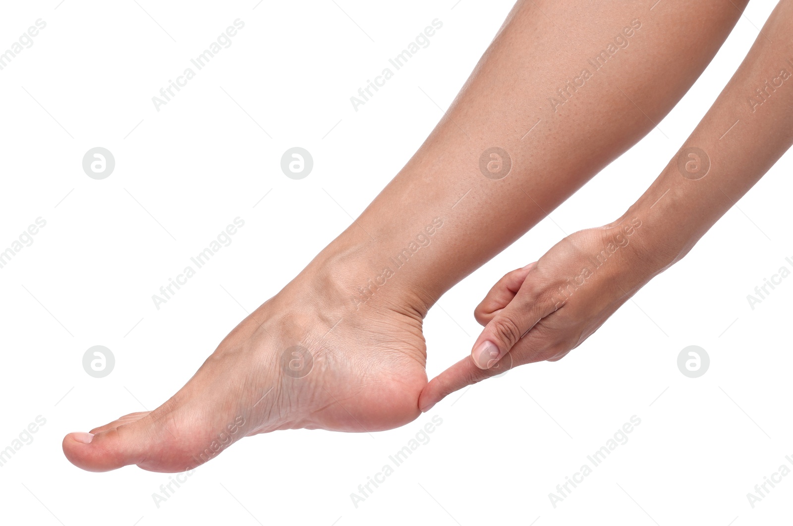 Photo of Woman touching her smooth feet on white background, closeup