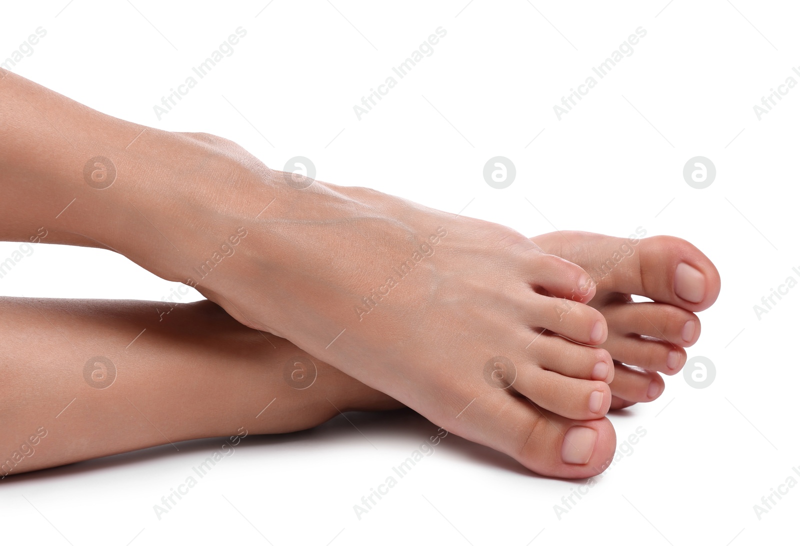 Photo of Woman with smooth feet on white background, closeup