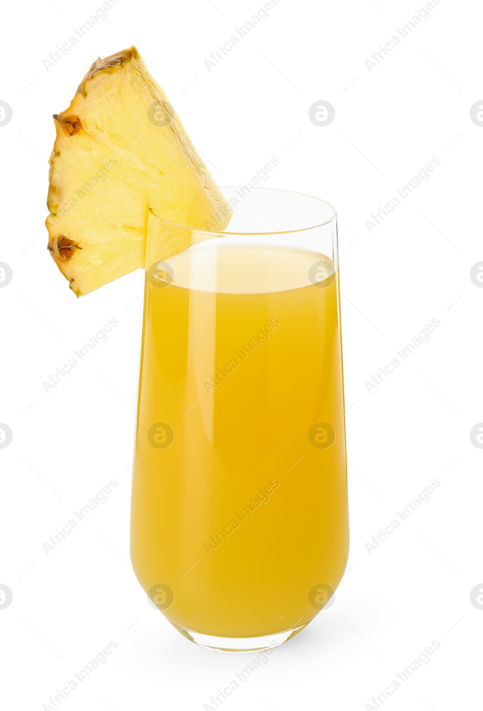 Photo of Glass with pineapple juice and piece of fresh fruit isolated on white