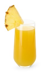 Photo of Glass with pineapple juice and piece of fresh fruit isolated on white