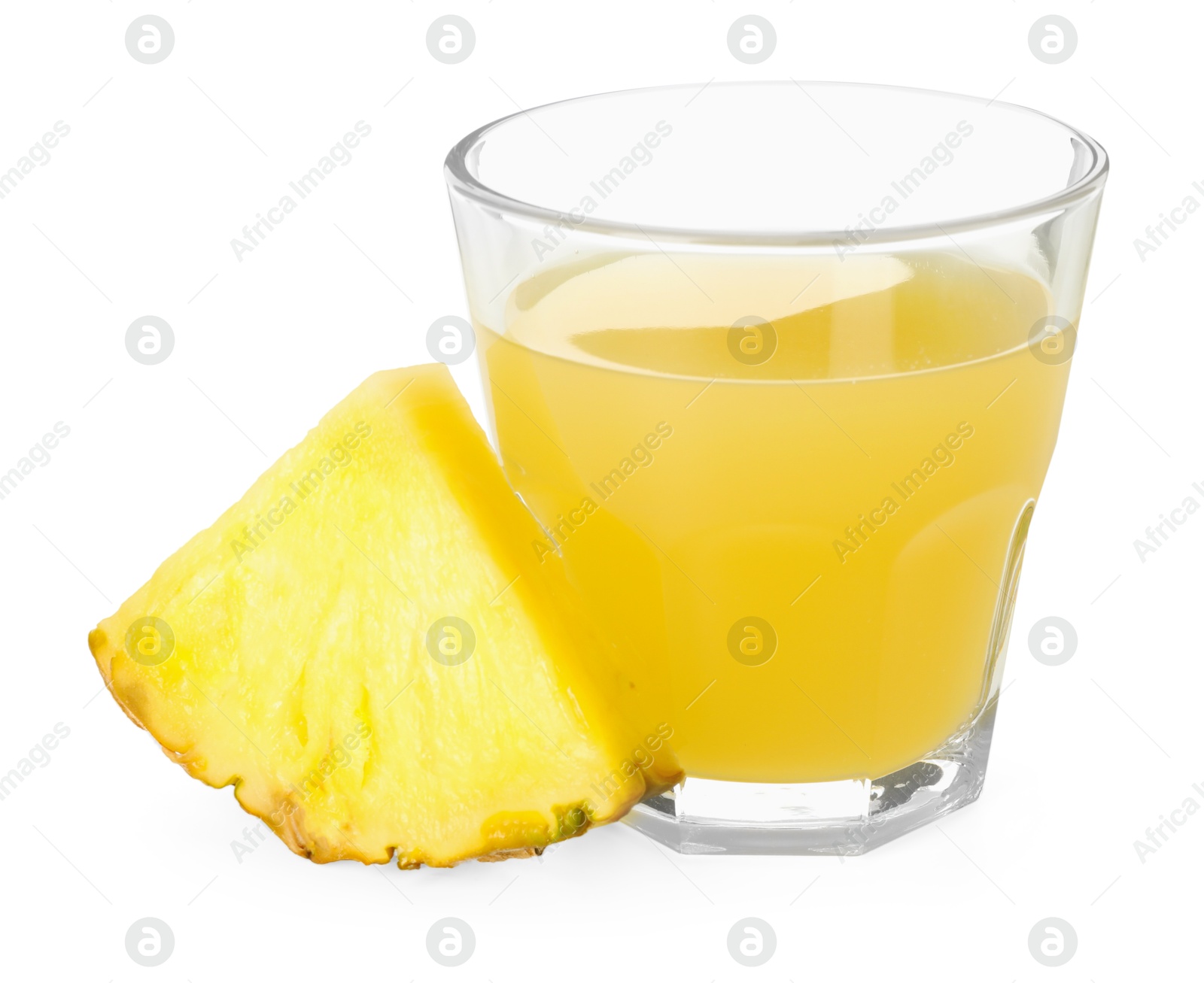 Photo of Glass with pineapple juice and piece of fresh fruit isolated on white