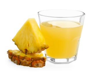 Photo of Glass with pineapple juice and pieces of fresh fruit isolated on white