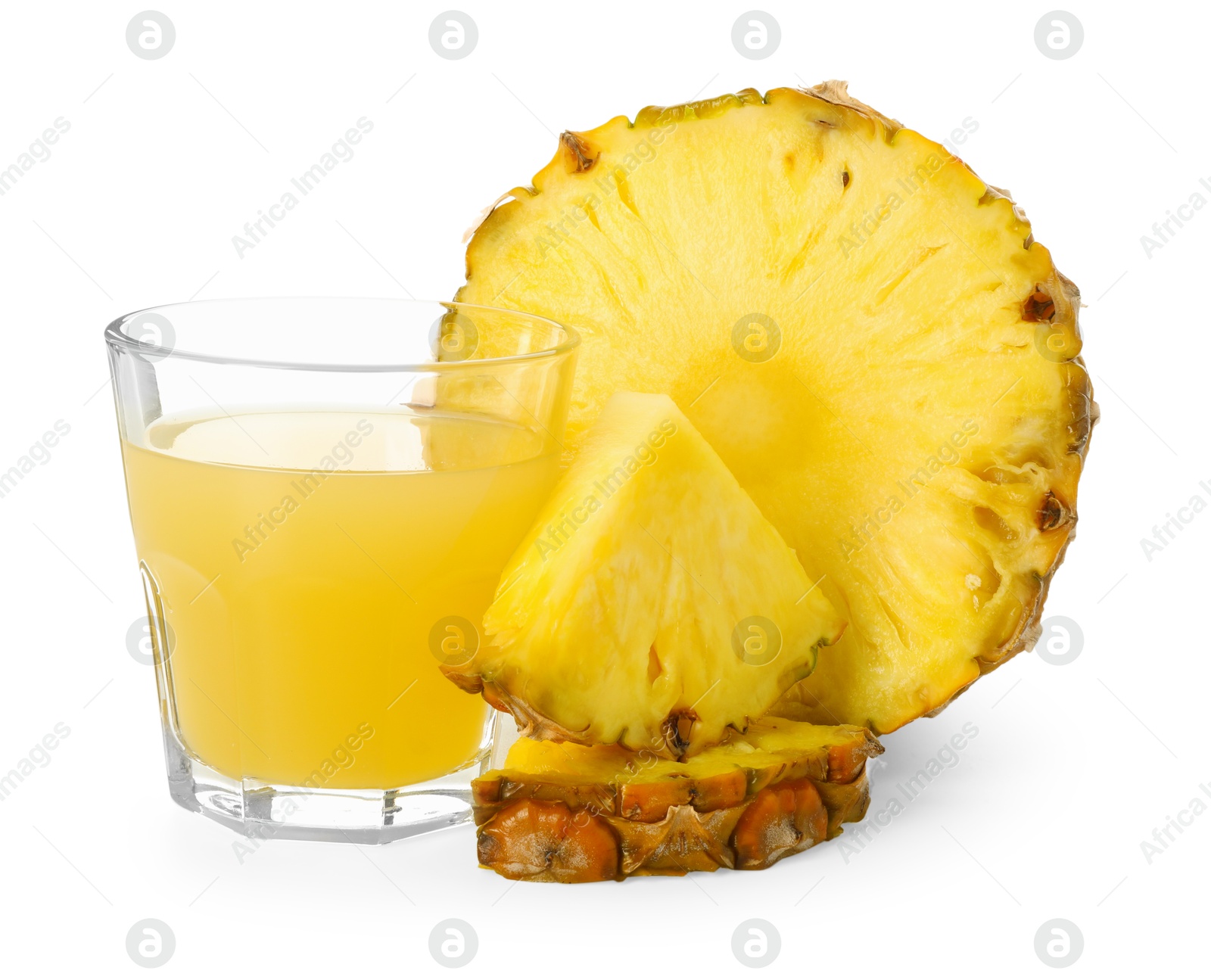 Photo of Glass with pineapple juice and pieces of fresh fruit isolated on white