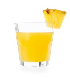 Photo of Glass with pineapple juice and piece of fresh fruit isolated on white