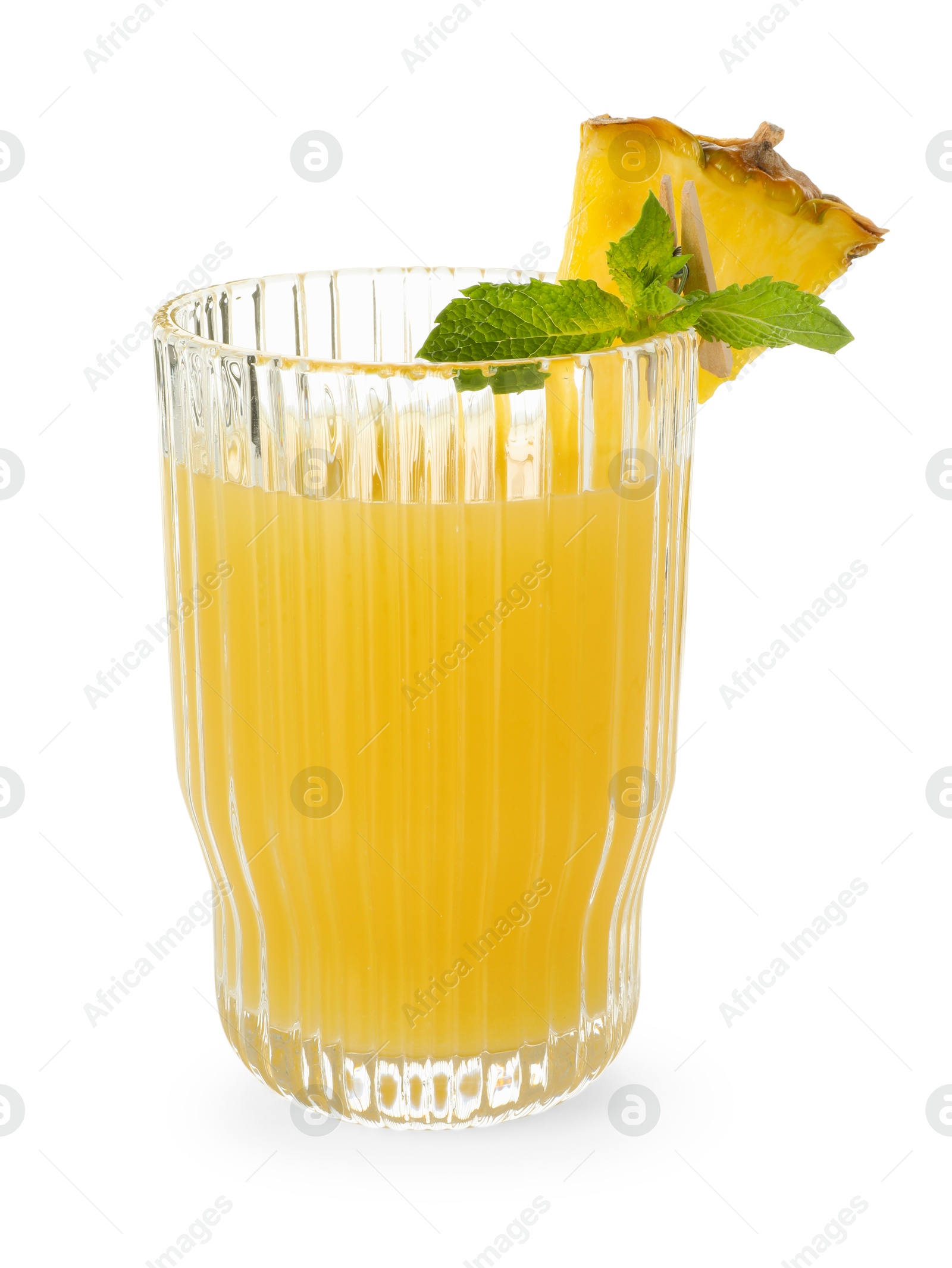 Photo of Glass with pineapple juice and piece of fresh fruit isolated on white