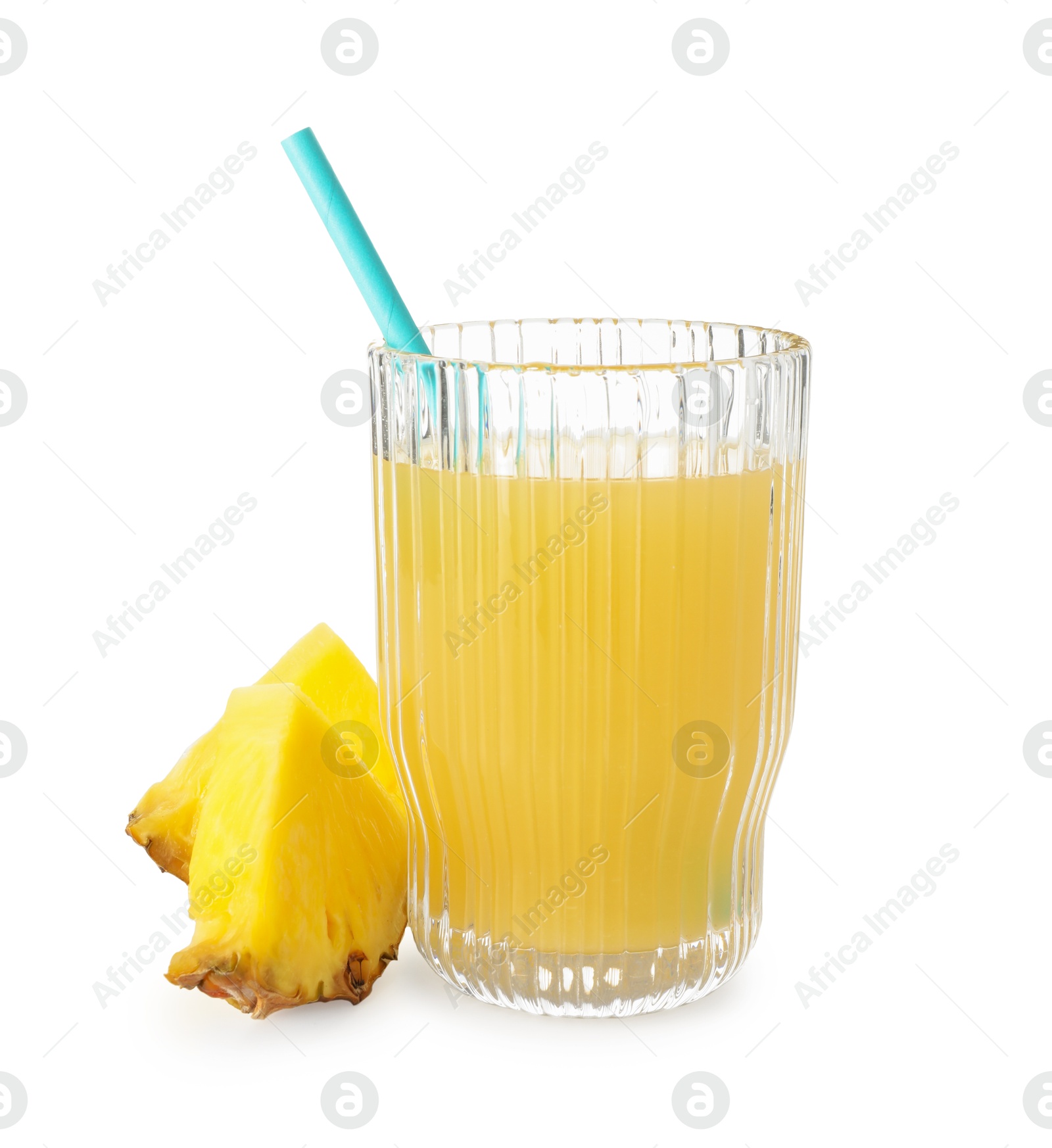 Photo of Glass with pineapple juice, straw and pieces of fresh fruit isolated on white