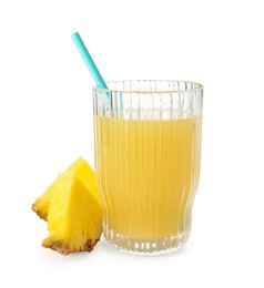 Photo of Glass with pineapple juice, straw and pieces of fresh fruit isolated on white