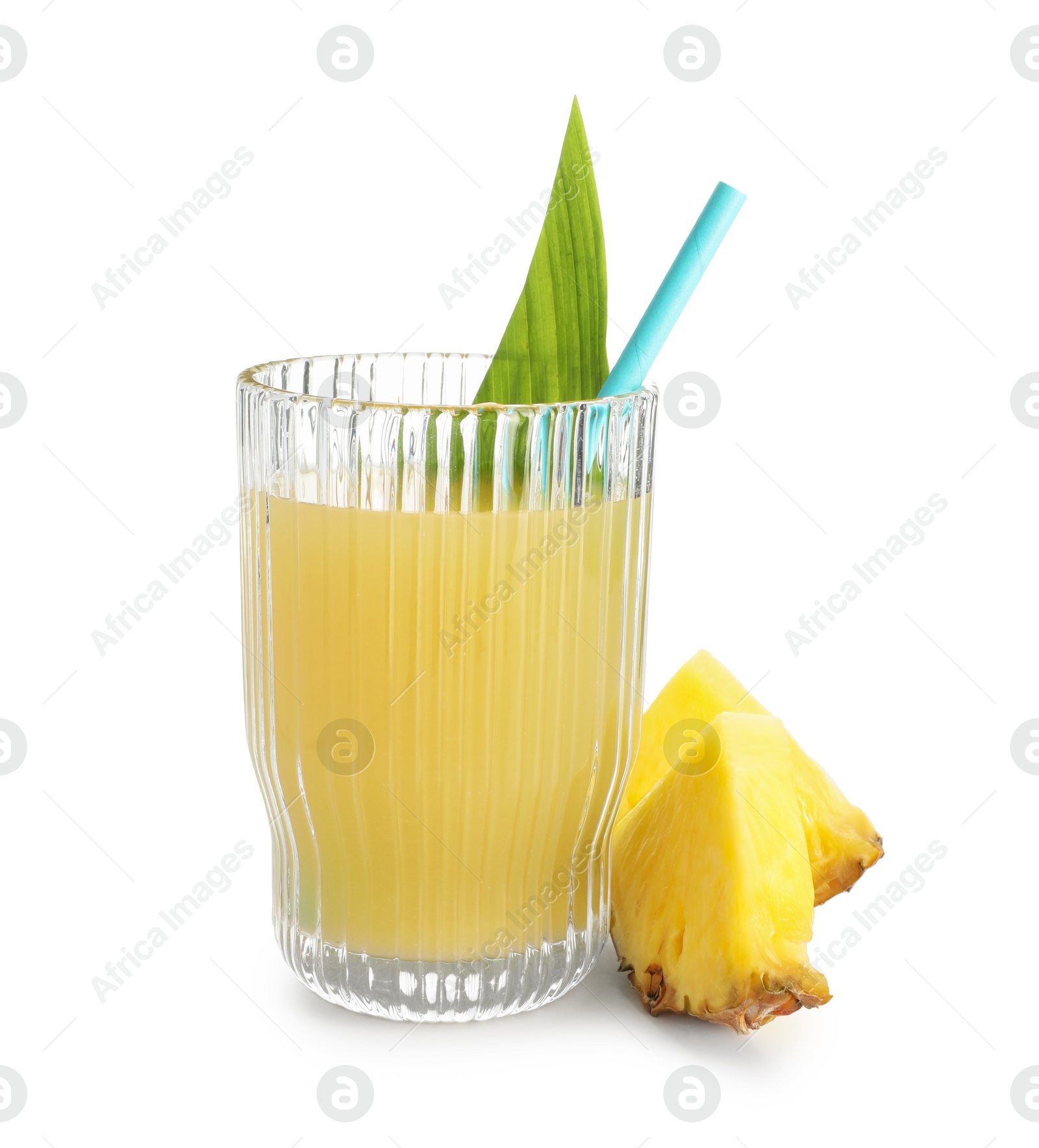 Photo of Glass with pineapple juice, straw and pieces of fresh fruit isolated on white