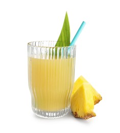 Photo of Glass with pineapple juice, straw and pieces of fresh fruit isolated on white