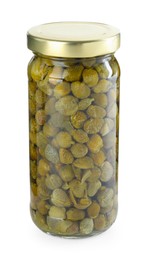 Photo of Tasty pickled capers in jar isolated on white