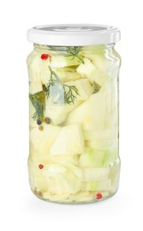 Photo of Tasty pickled zucchinis in jar isolated on white