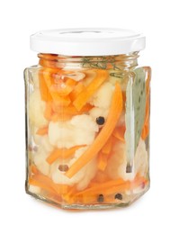 Photo of Tasty pickled carrots and cauliflower in jar isolated on white