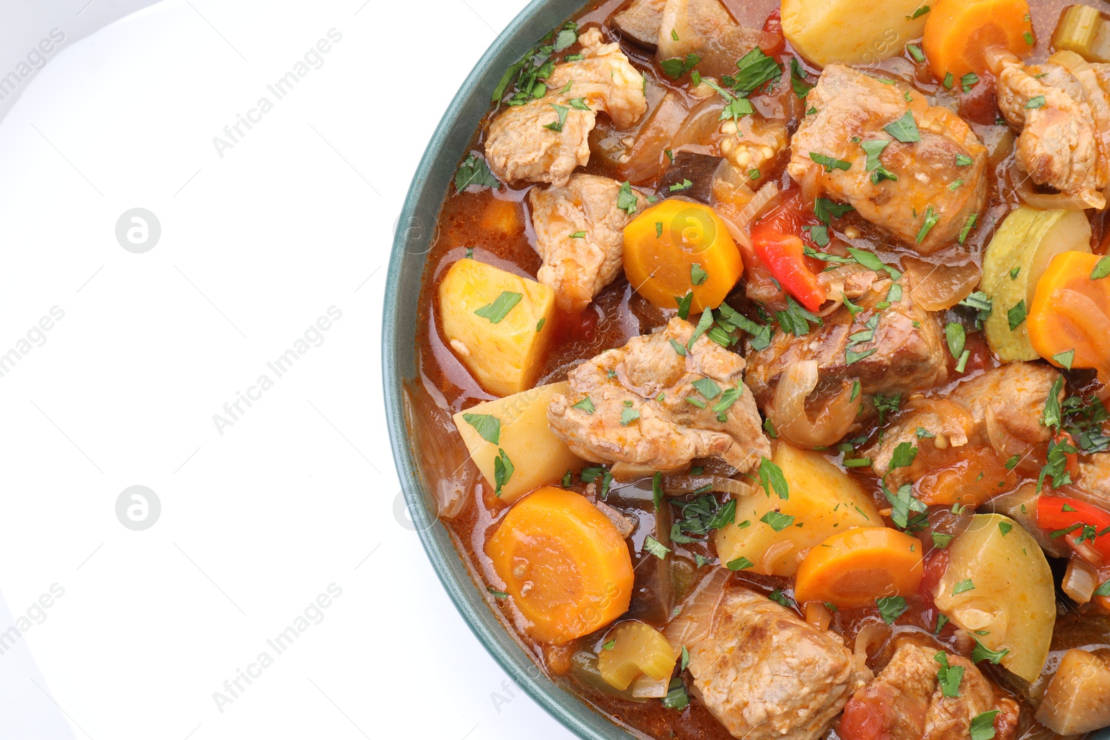 Photo of Delicious stew with vegetables isolated on white, top view