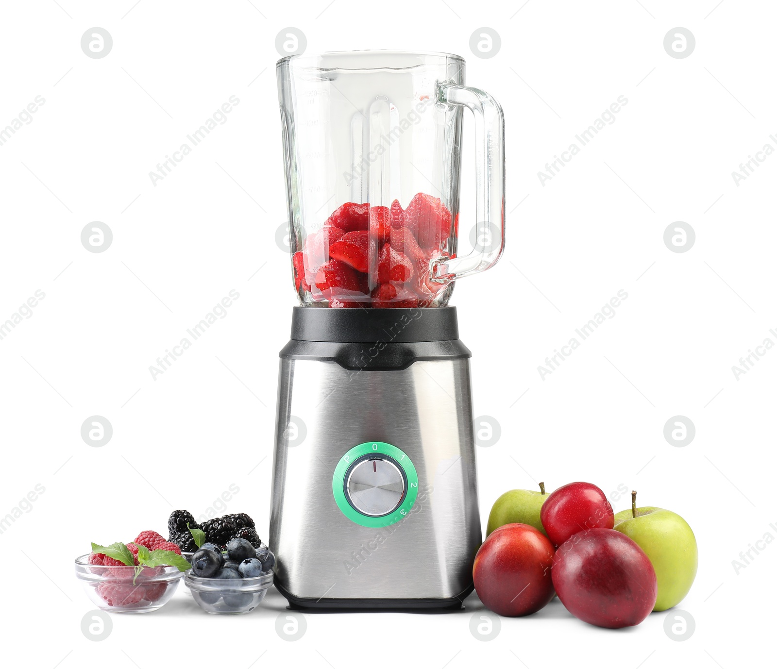 Photo of Blender and fresh ingredients isolated on white