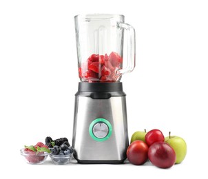 Photo of Blender and fresh ingredients isolated on white