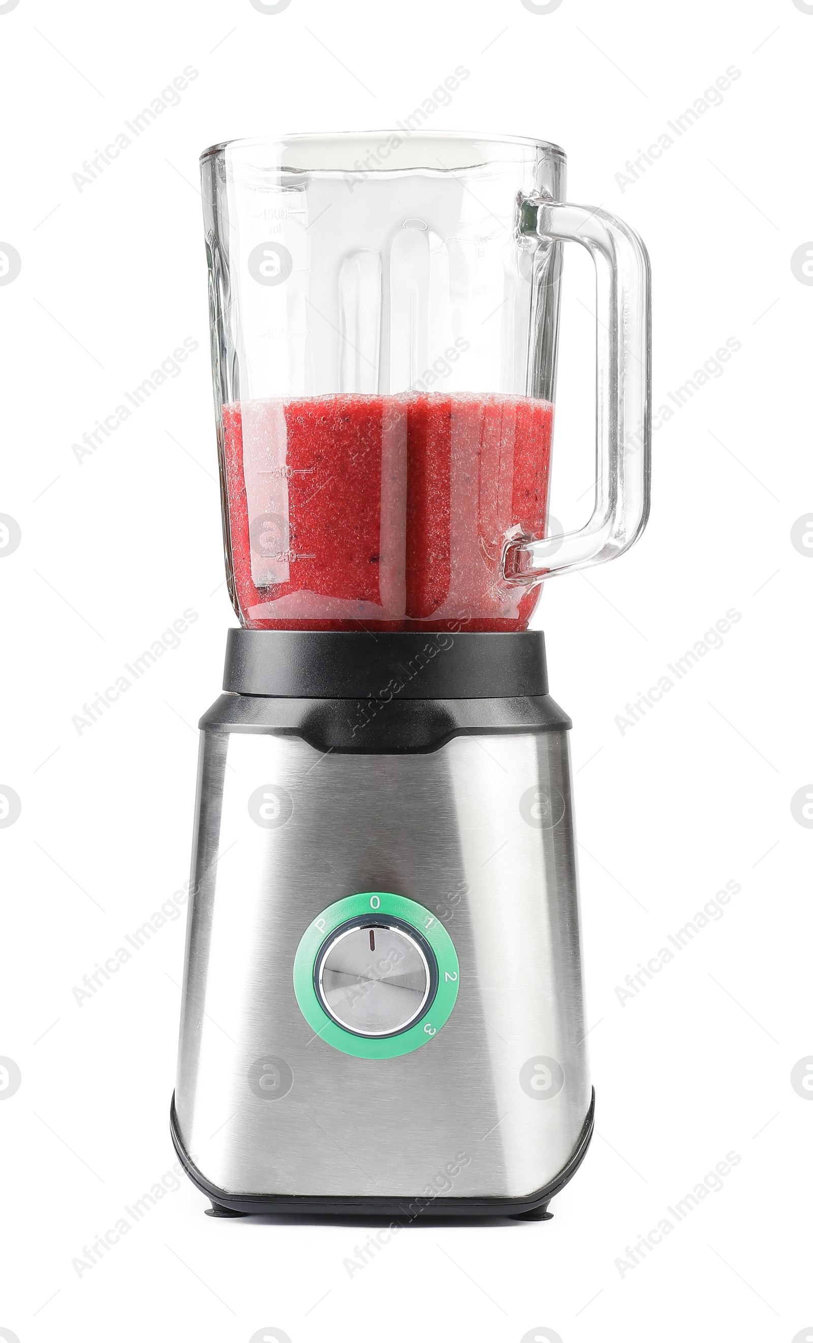 Photo of Blender with mixture of ingredients isolated on white