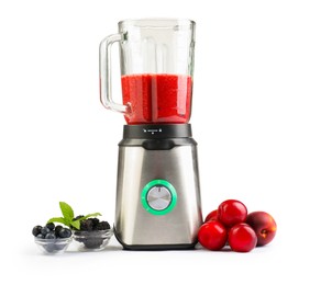 Blender with mixture of ingredients, fresh berries and fruits isolated on white