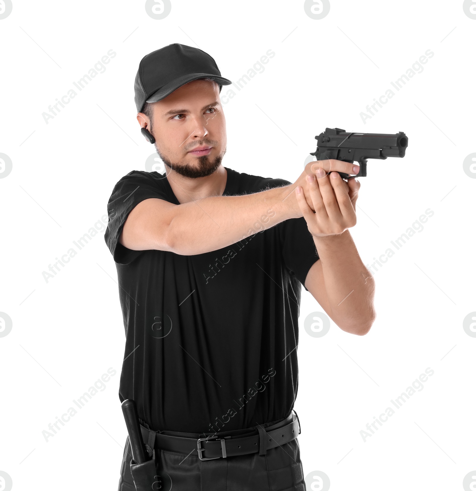 Photo of Young bodyguard using gun on white background