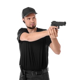 Young bodyguard using gun on white background