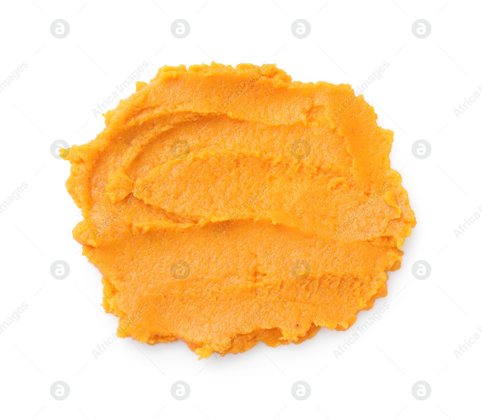 Photo of Delicious mashed sweet potatoes isolated on white, top view