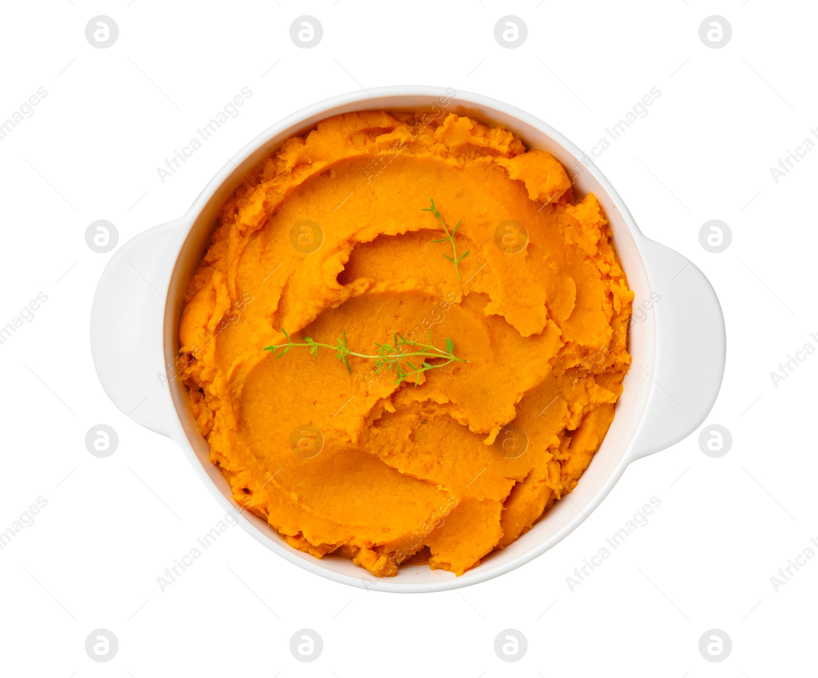 Photo of Delicious mashed sweet potatoes in pot isolated on white, top view