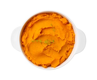 Photo of Delicious mashed sweet potatoes in pot isolated on white, top view