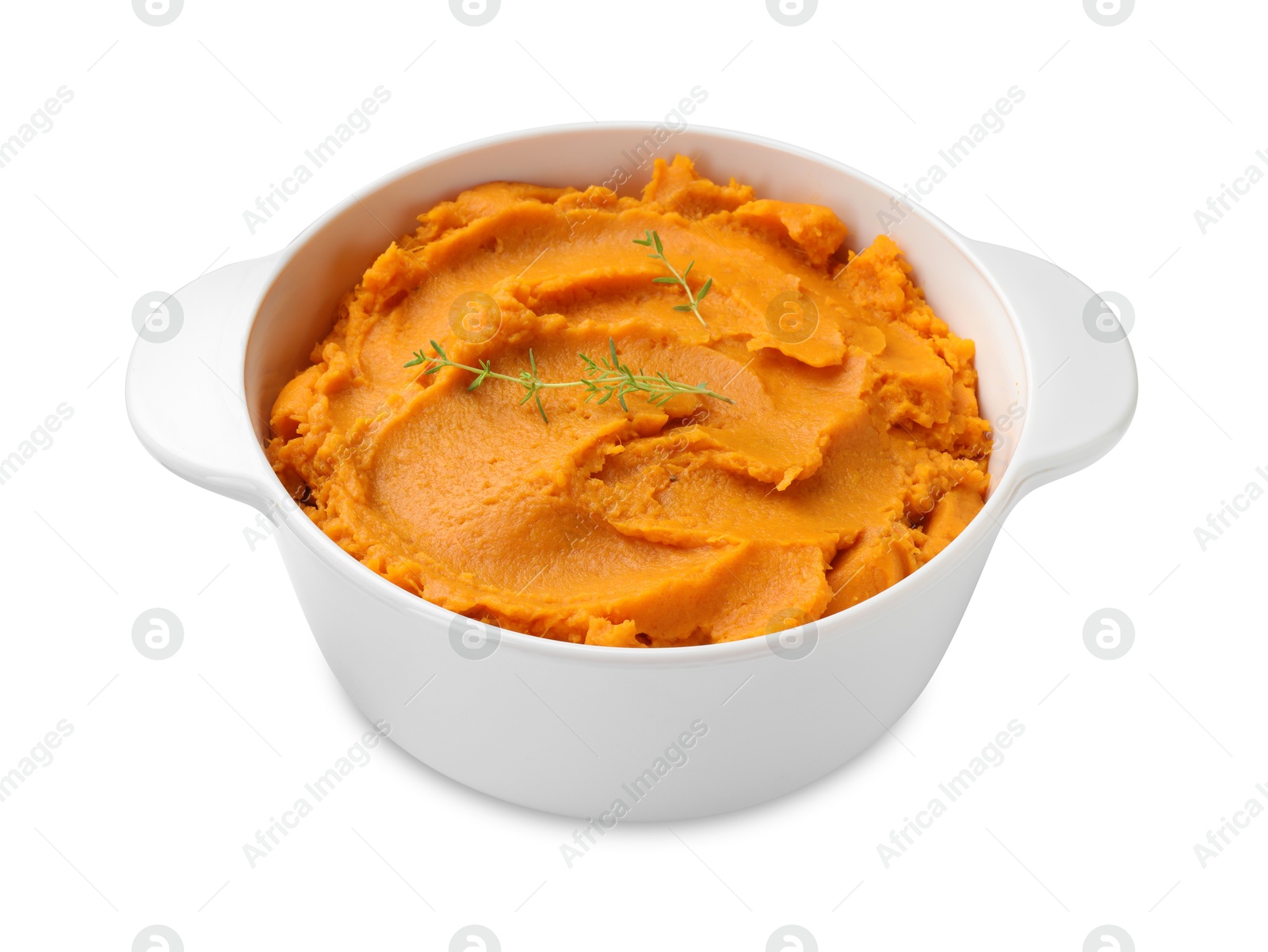 Photo of Delicious mashed sweet potatoes in pot isolated on white