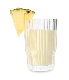 Photo of Tasty pineapple smoothie in glass and slice of fruit isolated on white