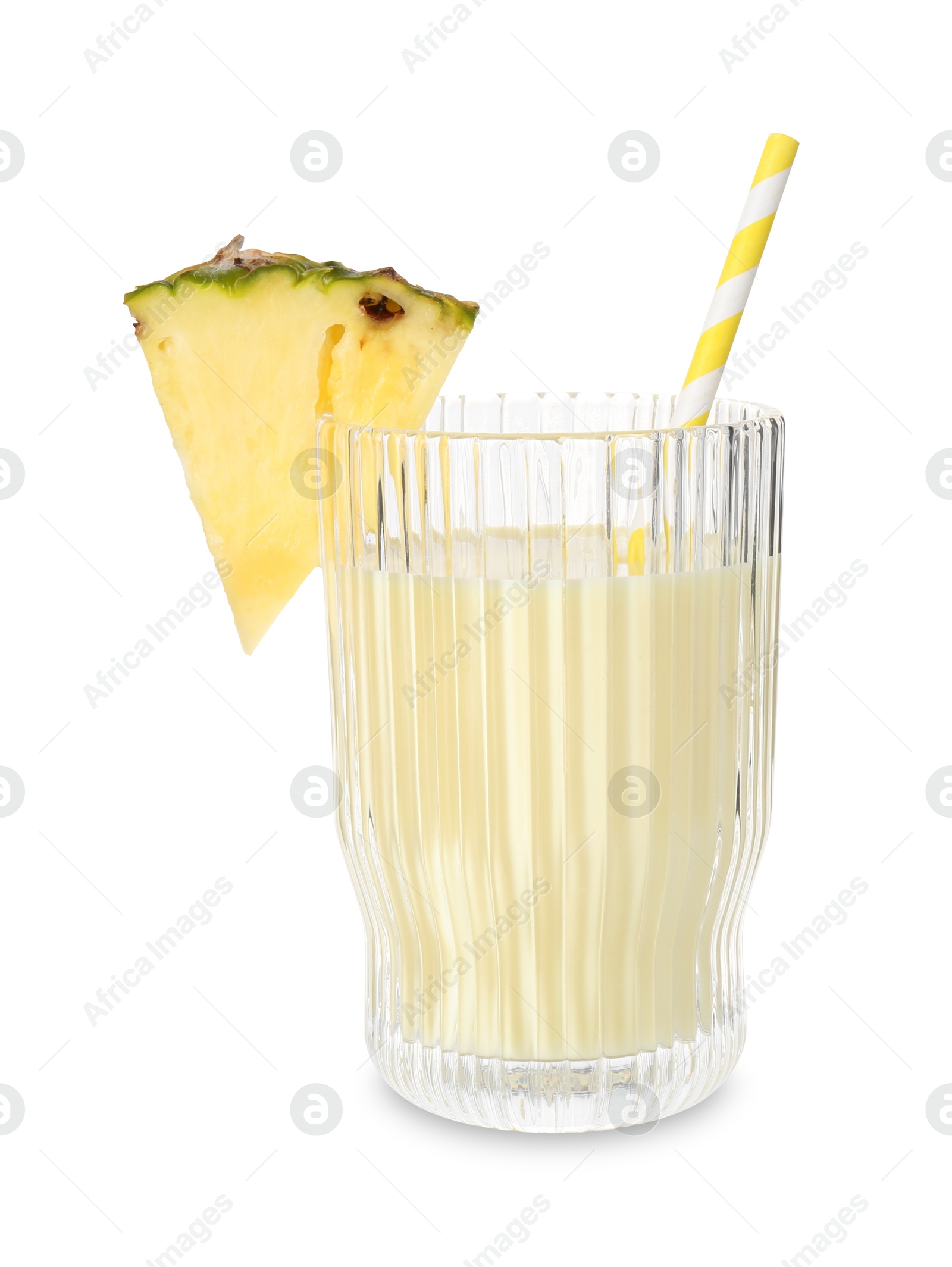 Photo of Tasty pineapple smoothie in glass and slice of fruit isolated on white