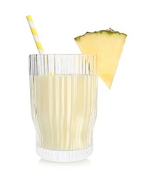 Photo of Tasty pineapple smoothie in glass and slice of fruit isolated on white