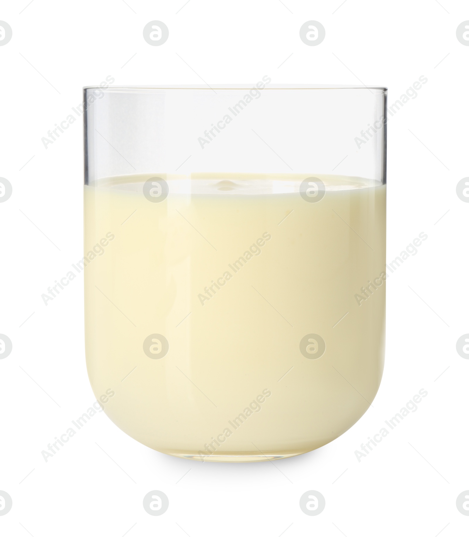 Photo of Tasty pineapple smoothie in glass isolated on white