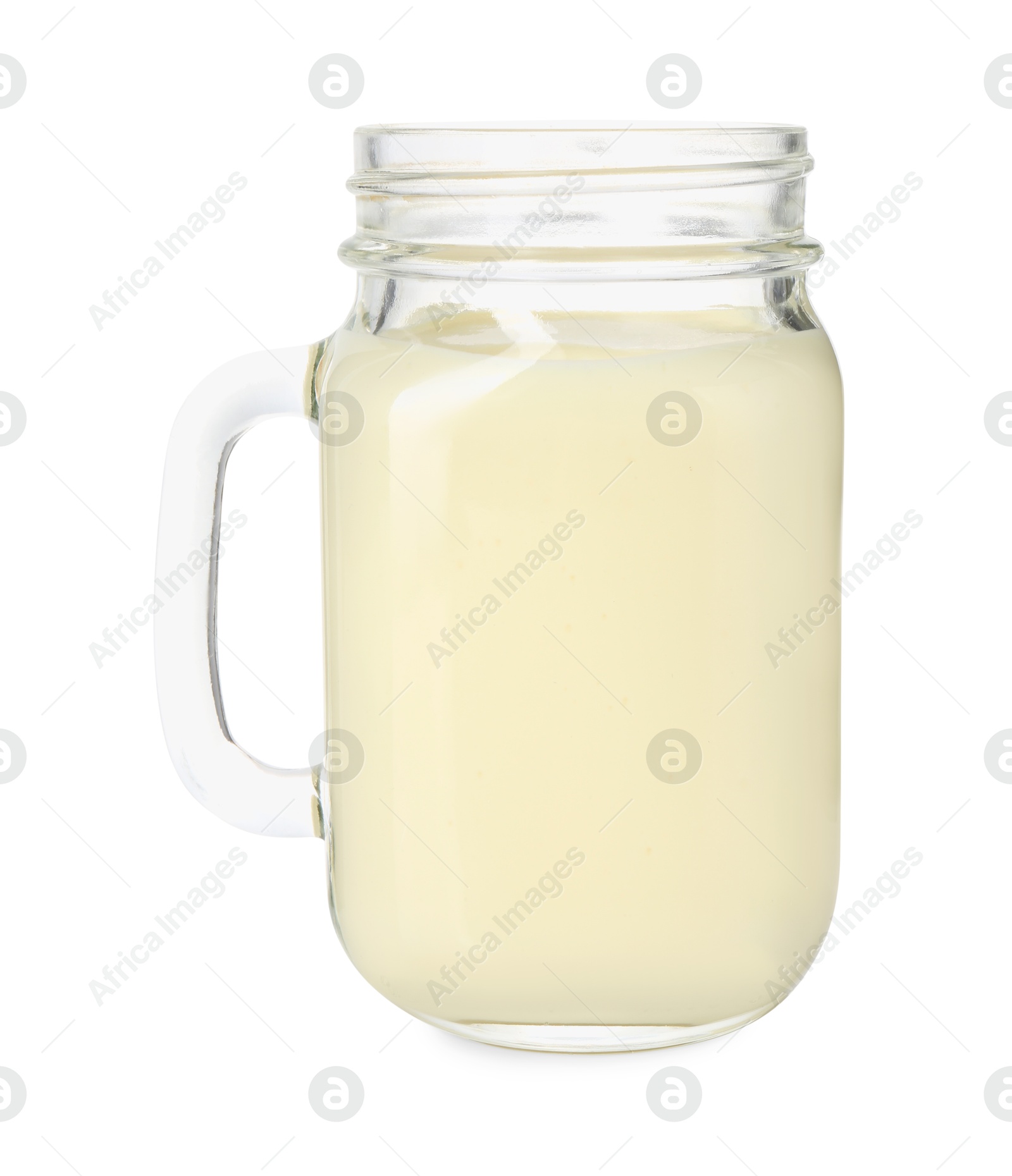 Photo of Tasty pineapple smoothie in mason jar isolated on white