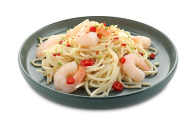 Photo of Delicious pasta with shrimps, green onion and chili pepper isolated on white