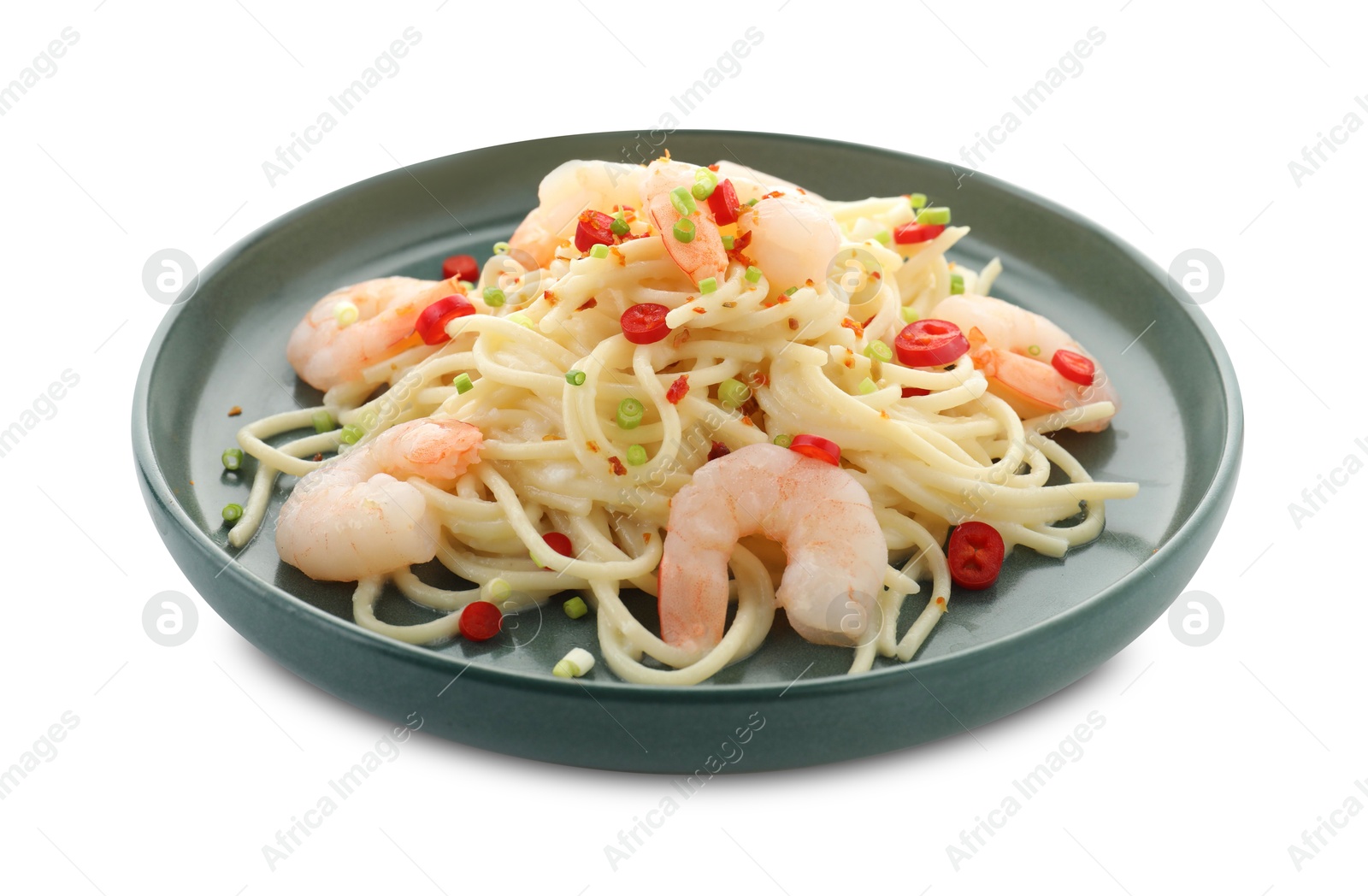 Photo of Delicious pasta with shrimps, green onion and chili pepper isolated on white