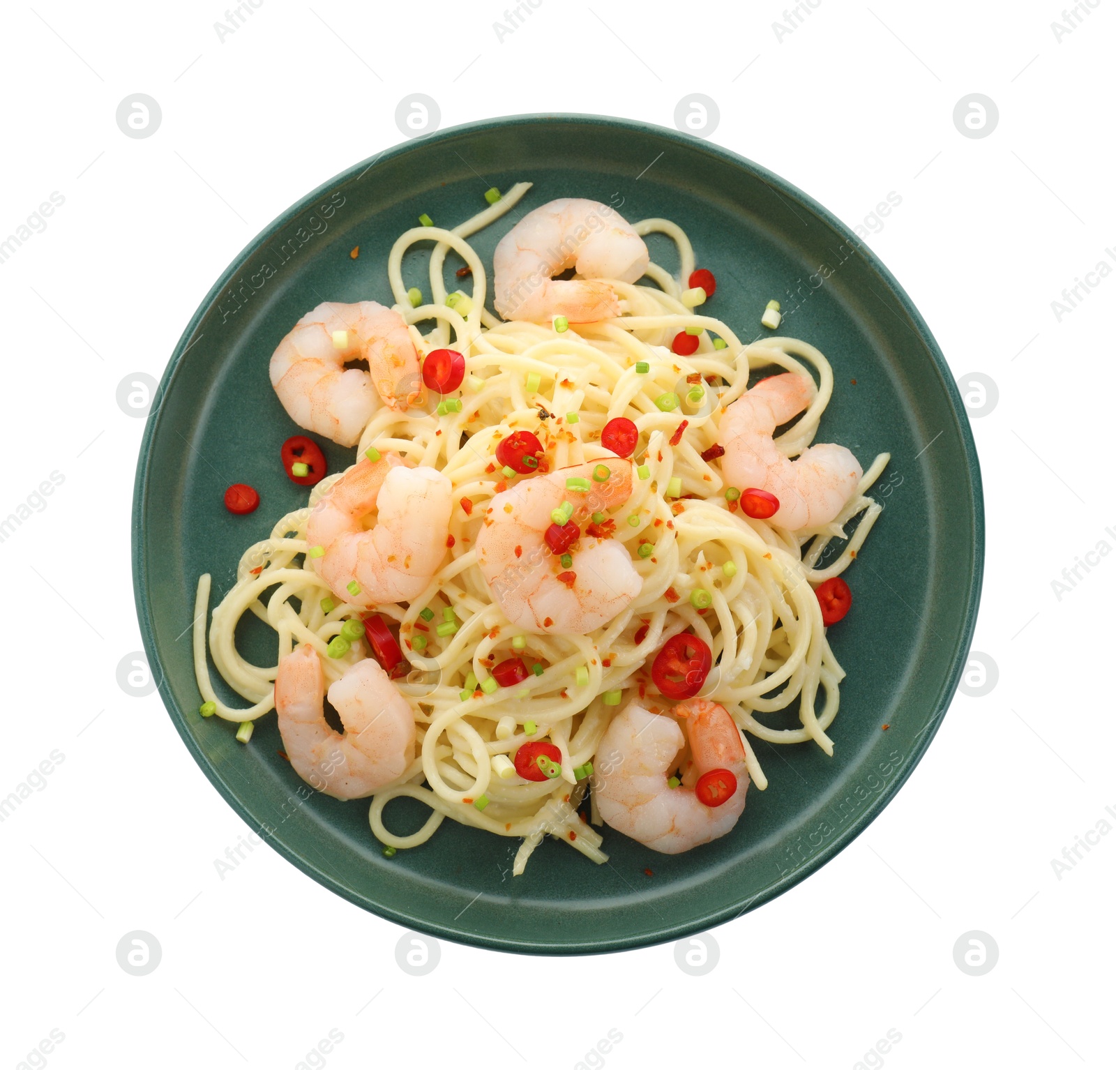 Photo of Delicious pasta with shrimps, green onion and chili pepper isolated on white, top view