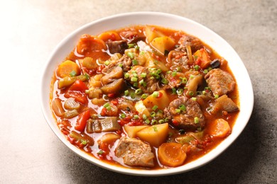 Photo of Delicious stew with vegetables in bowl on light grey table, closeup