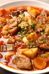 Delicious stew with vegetables in bowl, closeup