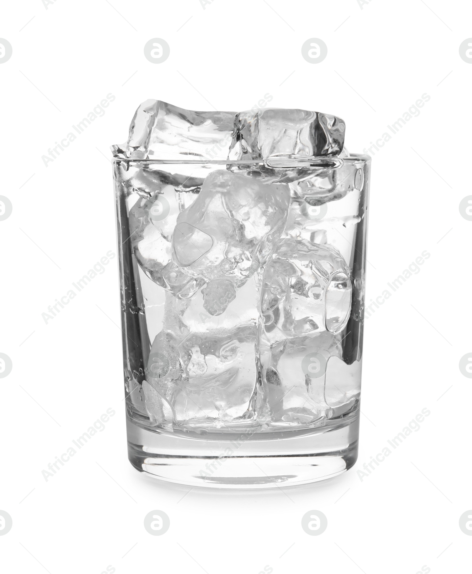 Photo of One glass with ice for refreshing drink isolated on white