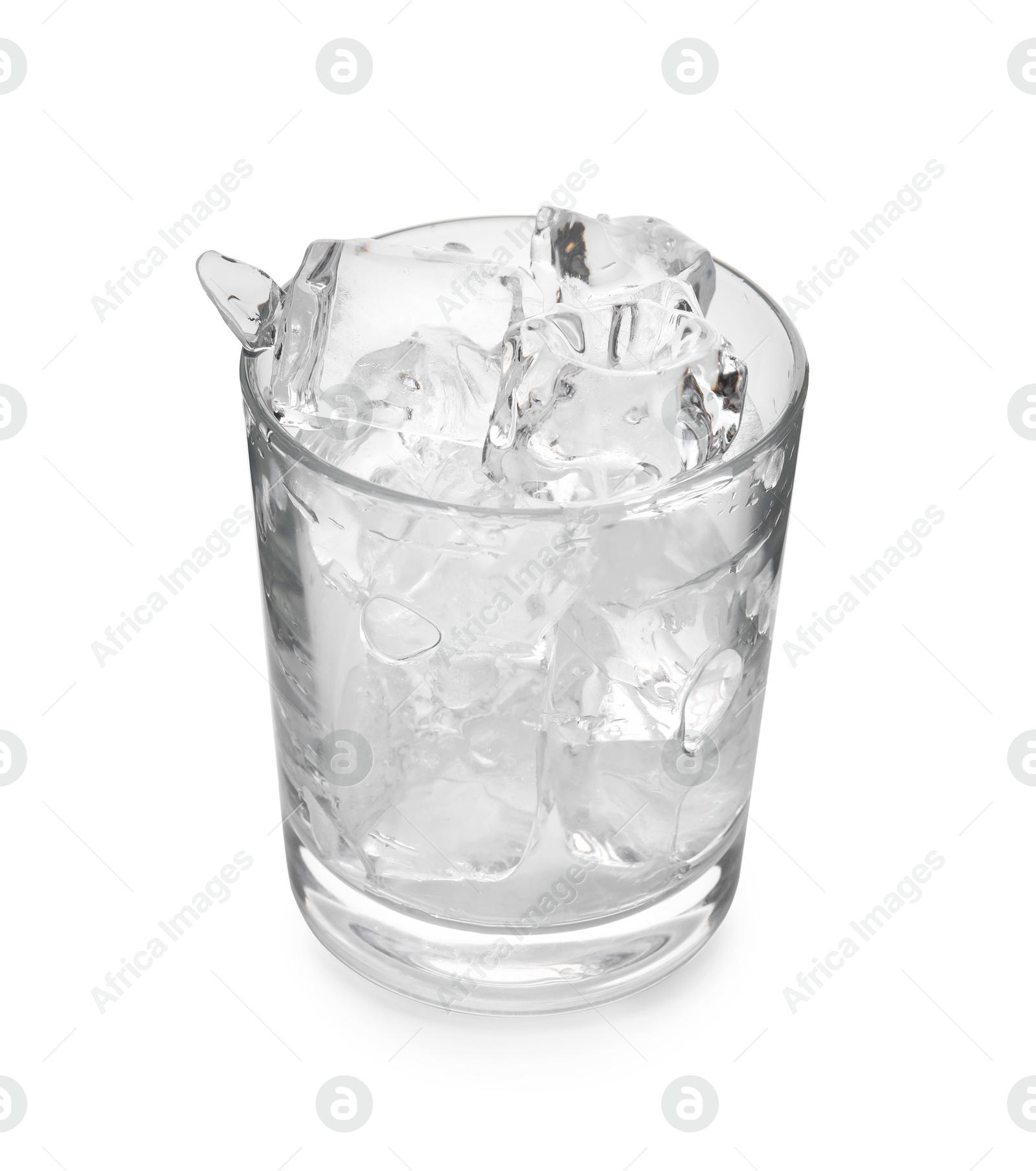 Photo of One glass with ice for refreshing drink isolated on white