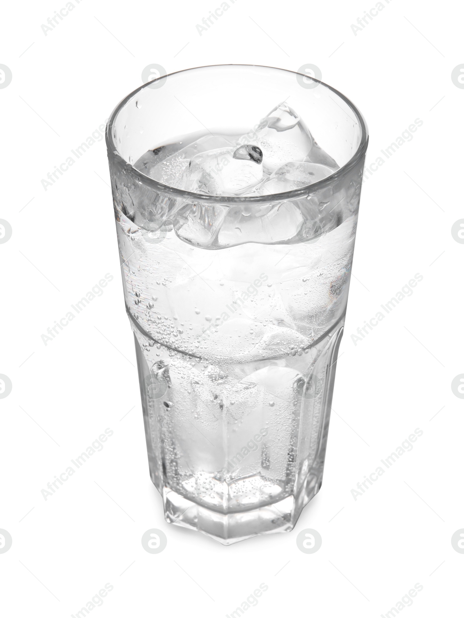 Photo of Refreshing water with ice in glass isolated on white