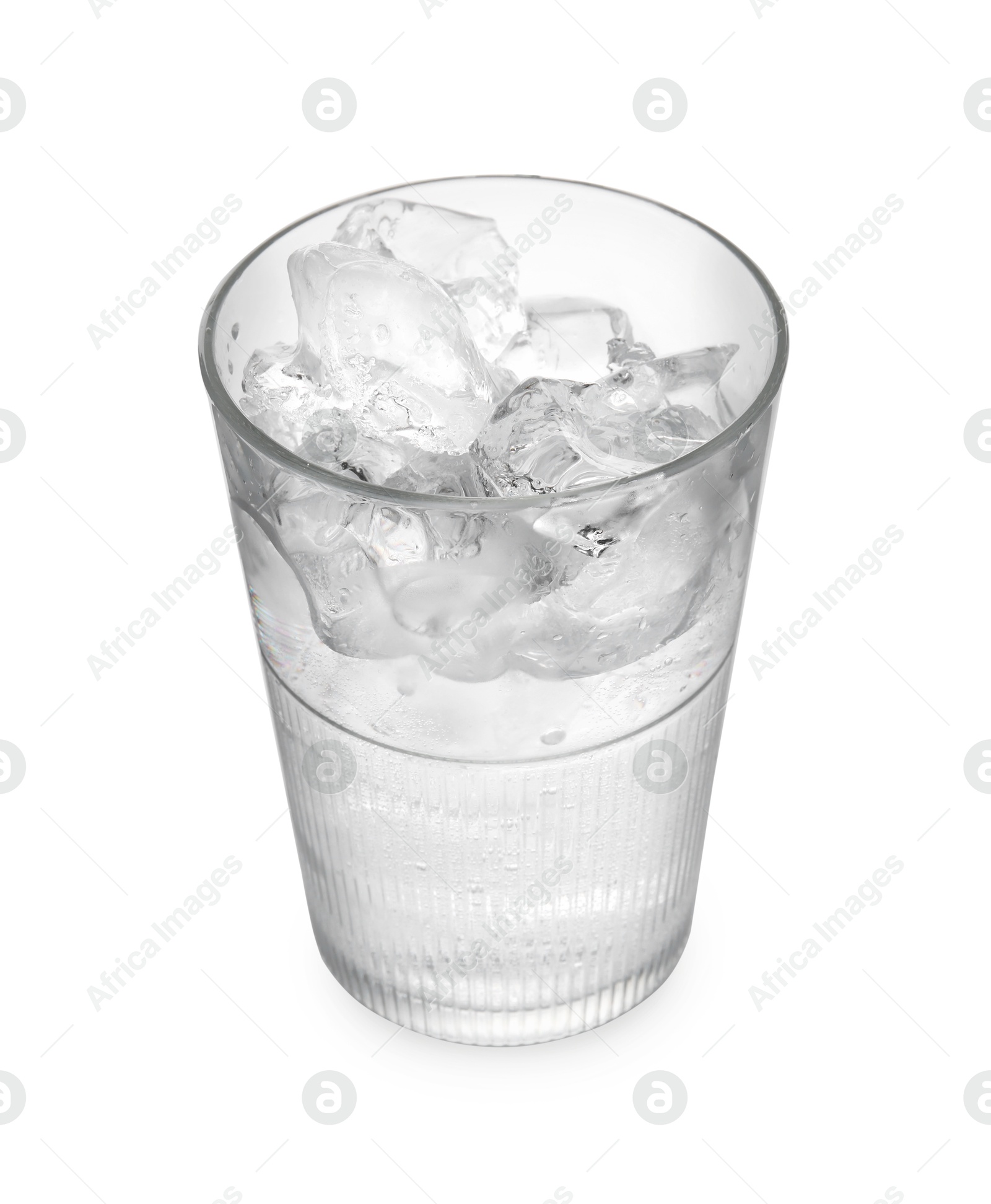 Photo of Refreshing water with ice in glass isolated on white