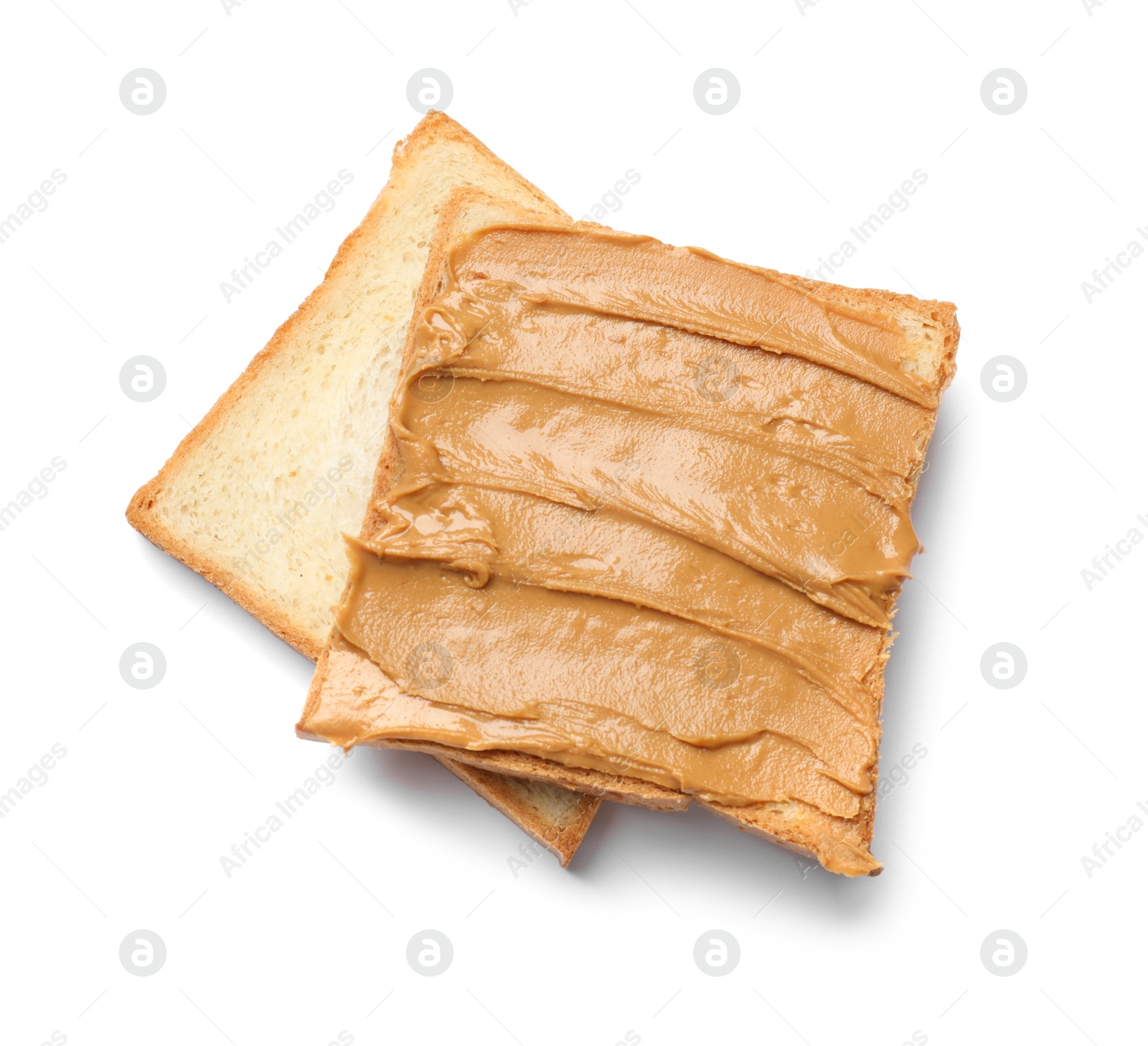 Photo of Tasty sandwich with peanut butter isolated on white, top view