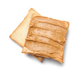 Photo of Tasty sandwich with peanut butter isolated on white, top view