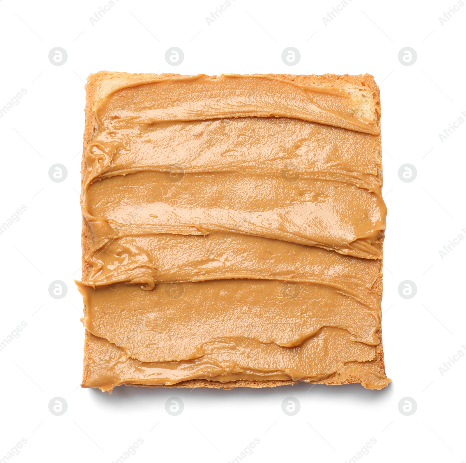 Photo of Tasty sandwich with peanut butter isolated on white, top view