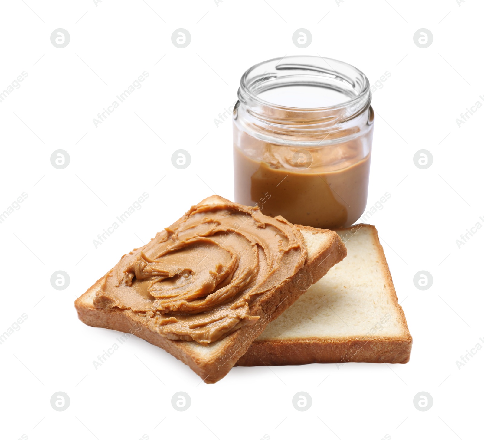 Photo of Peanut butter in jar and pieces of bread isolated on white