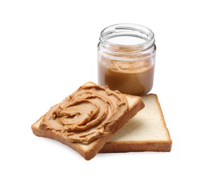 Photo of Peanut butter in jar and pieces of bread isolated on white