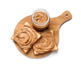 Photo of Board with peanut butter in jar and sandwiches isolated on white, top view