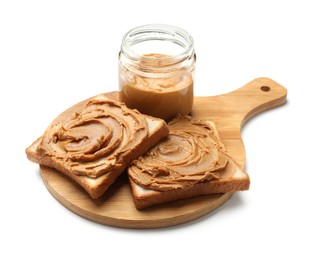 Photo of Board with peanut butter in jar and sandwiches isolated on white