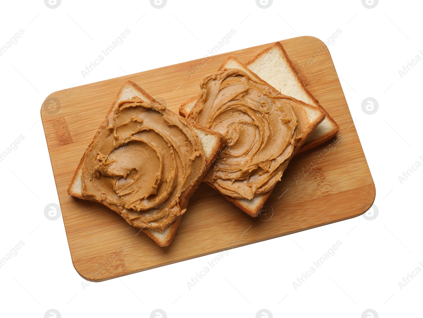 Photo of Tasty sandwiches with peanut butter isolated on white, top view